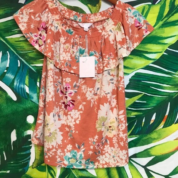 NWT $36 LC Lauren Conrad Women's PS Orange Floral Summer Flutter Sleeve Top - Picture 1 of 5